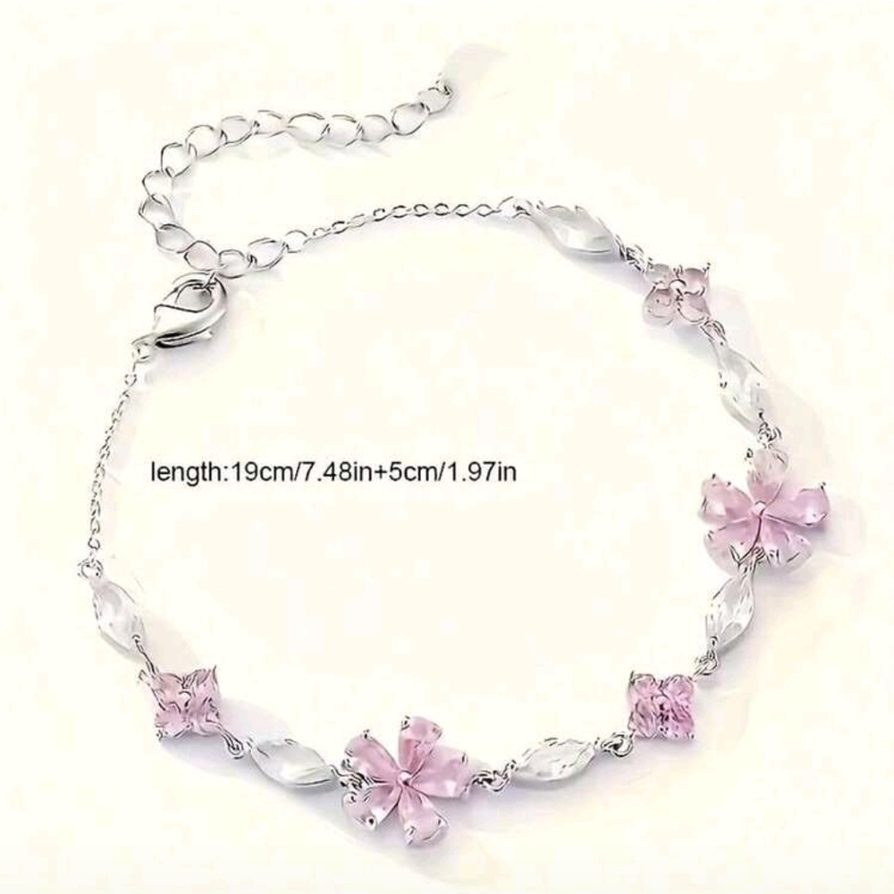 Silver-Tone Bracelet with Pink Floral Accents